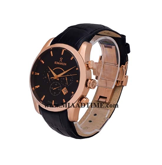 ساعت مچی رومانسون مردانه کرنوگراف گرد چرمی رزگلد صفحه مشکی کد 16271 ساعت مچی مردانه مارک دار